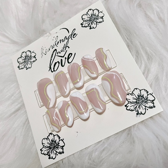 HANDPAINTED ABSTRACT GREEN & WHITE LINEAR GEL PRESS ON NAILS - Picture 2 of 2